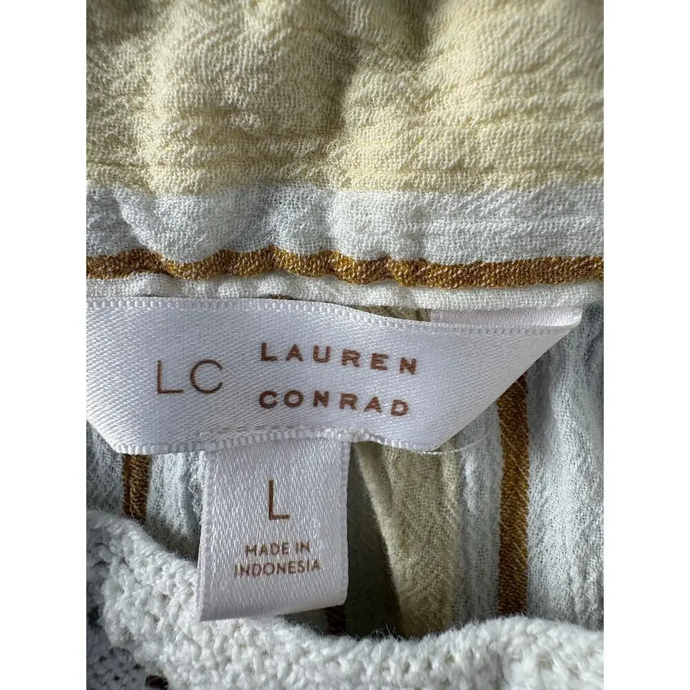 LC Lauren Conrad Striped Square Neck Lace Blouse Boho Yellow Cream Coquette L - Picture 3 of 4